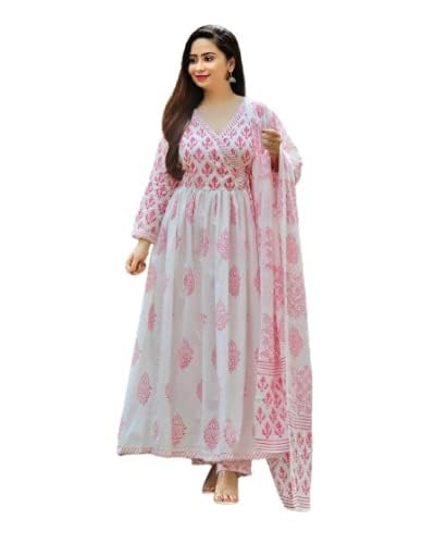 Women Women's Trendy Printed Cotton Blend Flared White & Pink Color Angrakha Style Lace Kurta Palazzo Set with Dupatta(KS2066-L)
