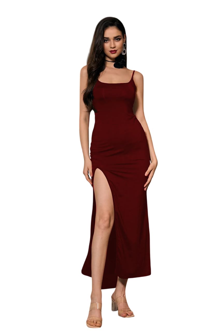 Women’s Bodycon Cami Maxi Length Dress | Soft Stretchable Lycra with High Slit | Sweetheart Neckline | Casual wear