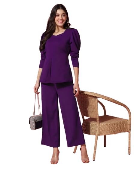 Solid Color Women’s Cord Set in Polyester with Cropped Shirt and Wide Trousers Look