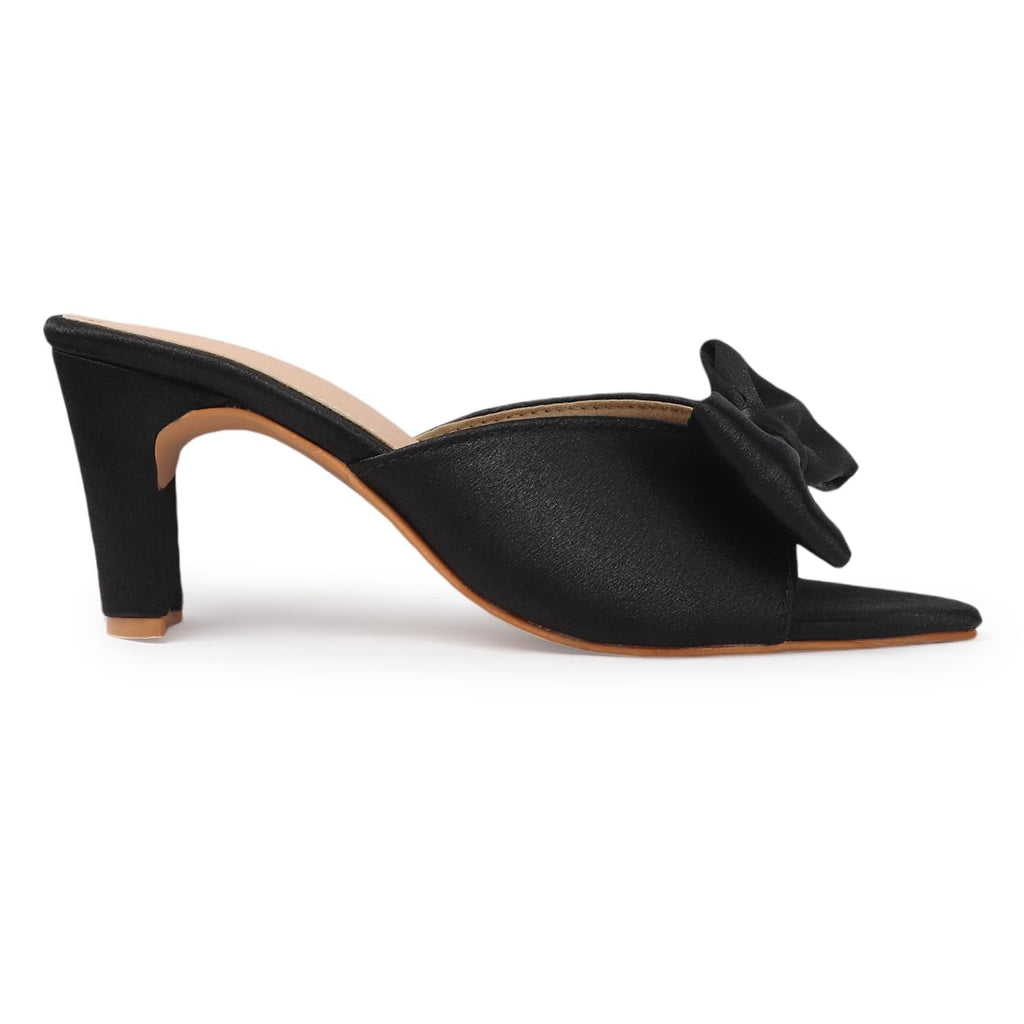 Women's Satin Block Heels with Stylish Bow | Open Toe Slip-On Party Sandals | Pink Dress Heels for Wedding & Casual Wear