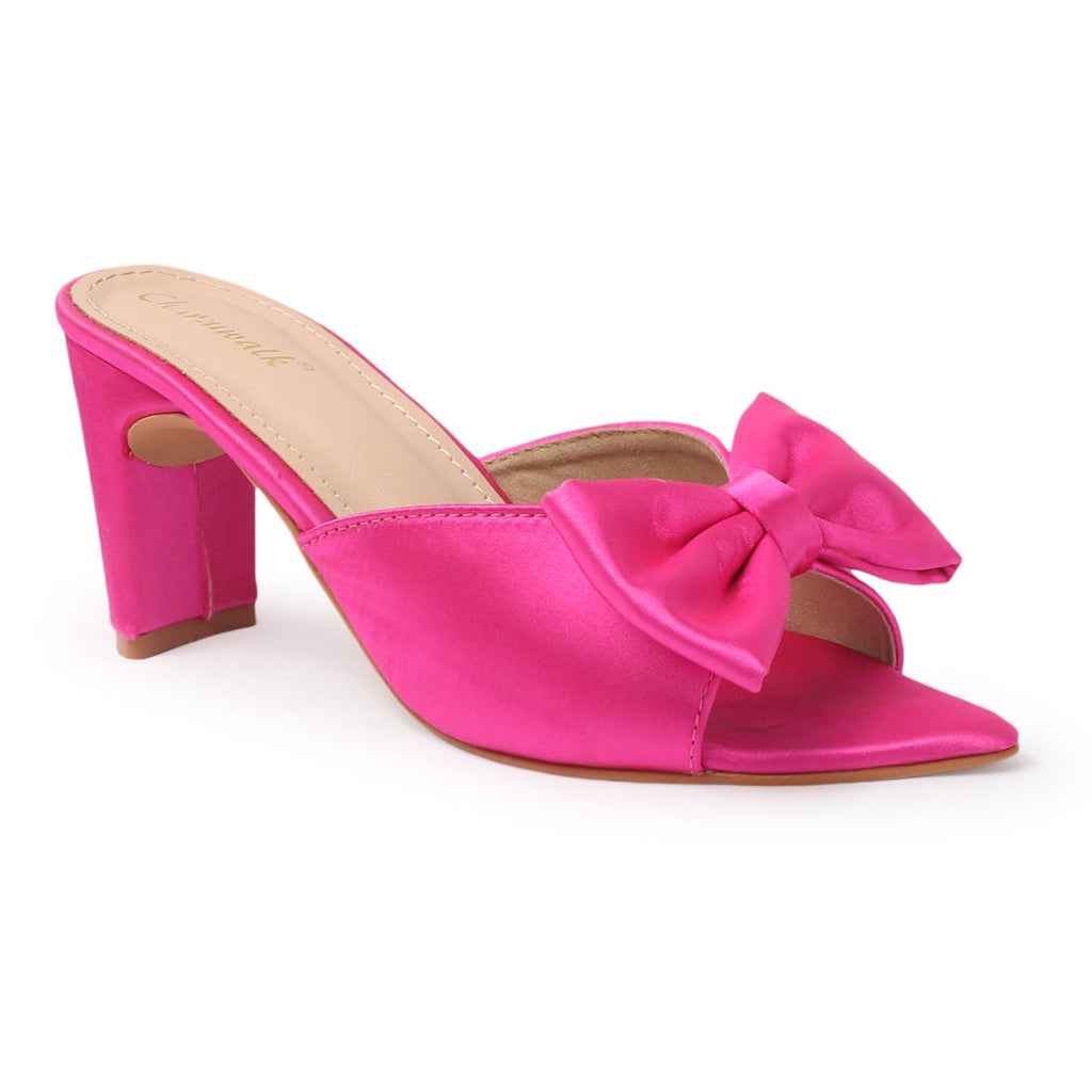 Women's Satin Block Heels with Stylish Bow | Open Toe Slip-On Party Sandals | Pink Dress Heels for Wedding & Casual Wear