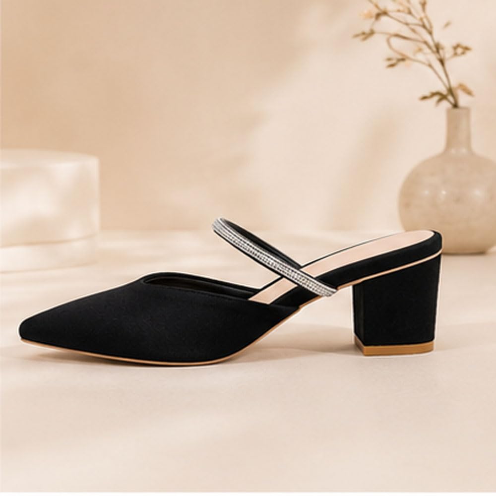 Women's Pointed Toe Mule Heels | Rhinestone Strap Slip-On Block Heel Sandals | Elegant Party, Wedding & Occasion Footwear
