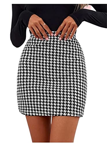 Fashion Women's Highwaist Short Mini Skirt Houndstooth Print Casual Bodycon Pencil Skirt with Elastic Rubber Band (17" inches) -Polo Skirt