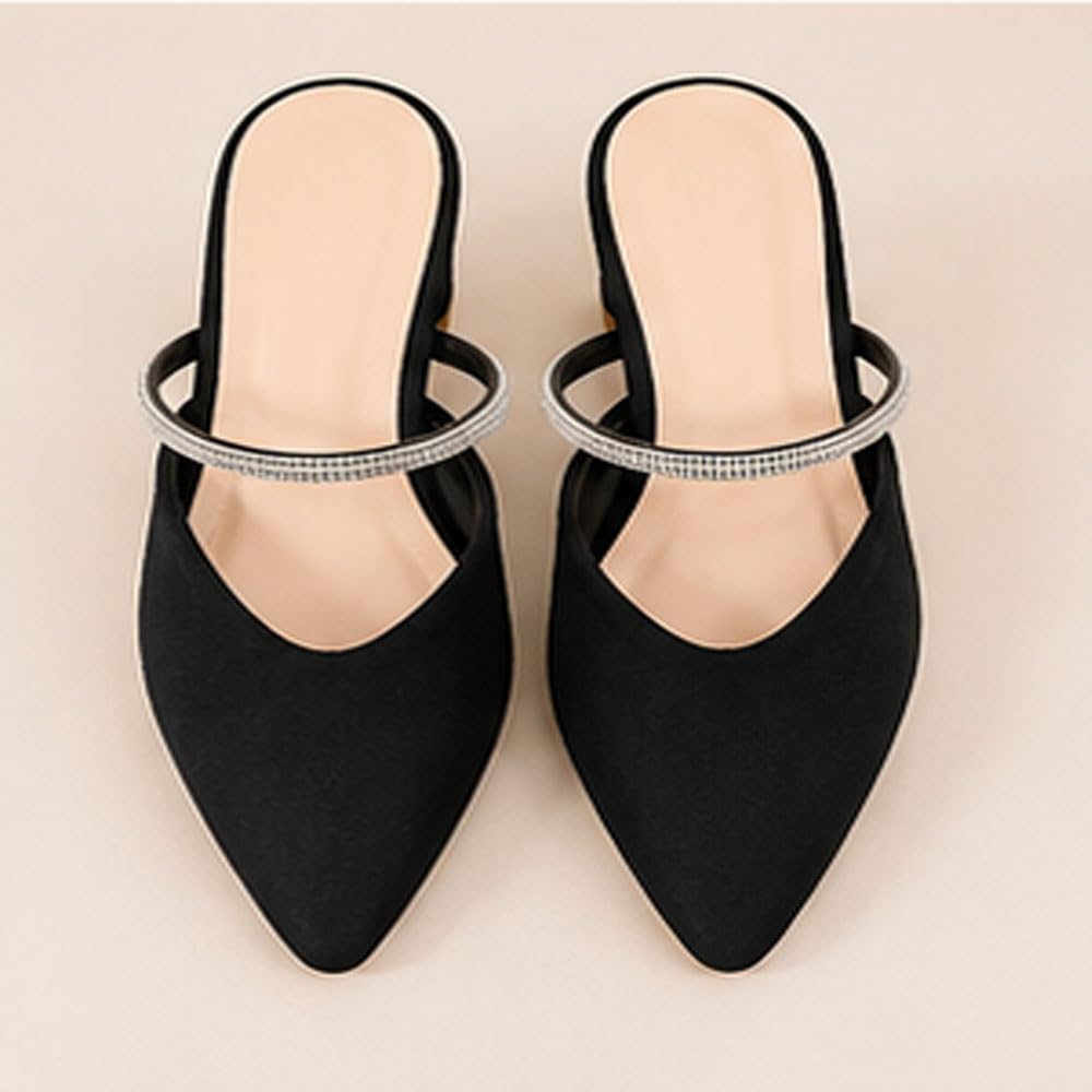 Women's Pointed Toe Mule Heels | Rhinestone Strap Slip-On Block Heel Sandals | Elegant Party, Wedding & Occasion Footwear