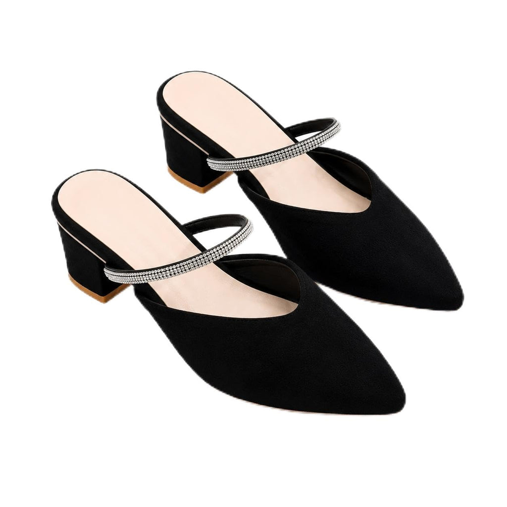 Women's Pointed Toe Mule Heels | Rhinestone Strap Slip-On Block Heel Sandals | Elegant Party, Wedding & Occasion Footwear
