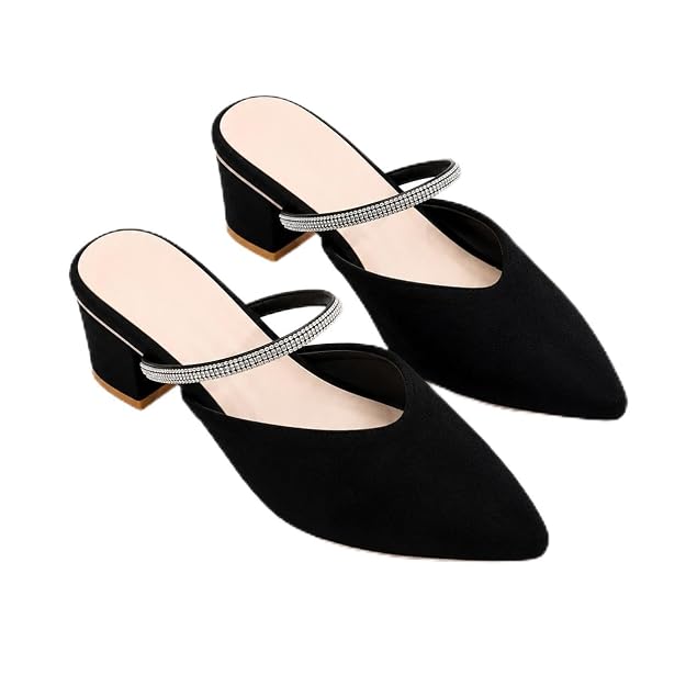 Women's Pointed Toe Mule Heels | Rhinestone Strap Slip-On Block Heel Sandals | Elegant Party, Wedding & Occasion Footwear