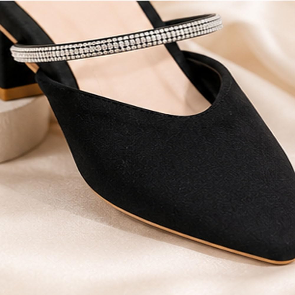 Women's Pointed Toe Mule Heels | Rhinestone Strap Slip-On Block Heel Sandals | Elegant Party, Wedding & Occasion Footwear