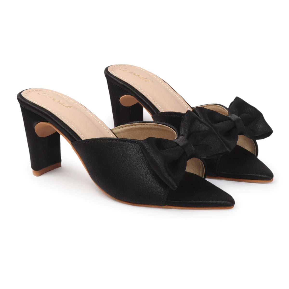 Women's Satin Block Heels with Stylish Bow | Open Toe Slip-On Party Sandals | Pink Dress Heels for Wedding & Casual Wear