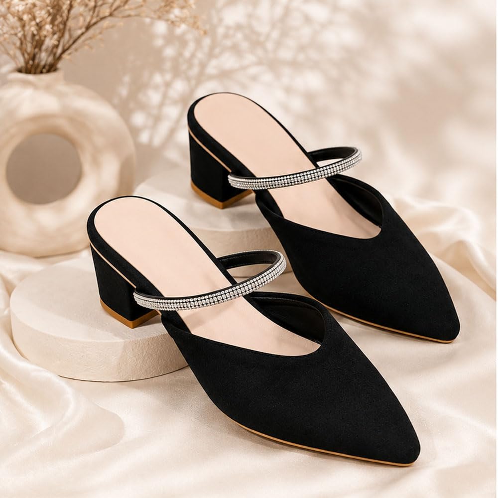 Women's Pointed Toe Mule Heels | Rhinestone Strap Slip-On Block Heel Sandals | Elegant Party, Wedding & Occasion Footwear