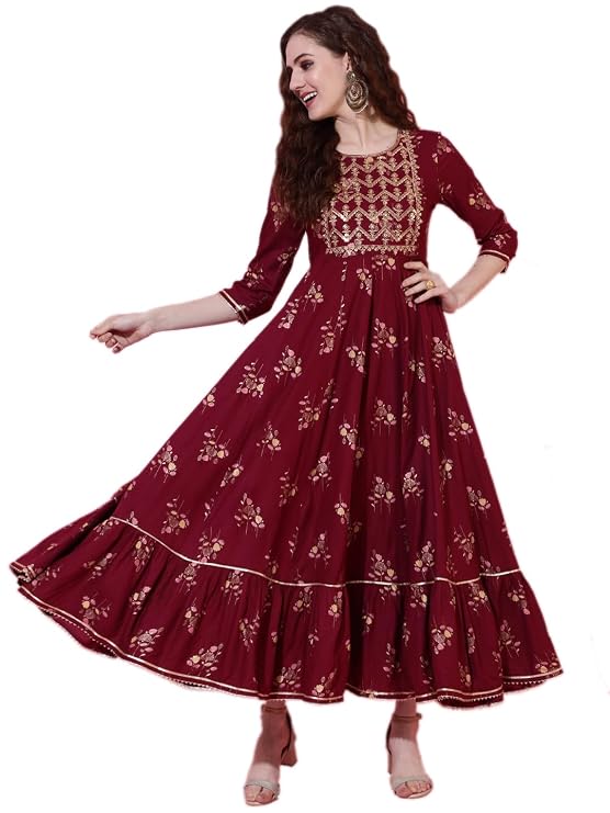 Anarkali Kurti for Womens Printed Rayon Long Gown Kurta Dress Casual Wear