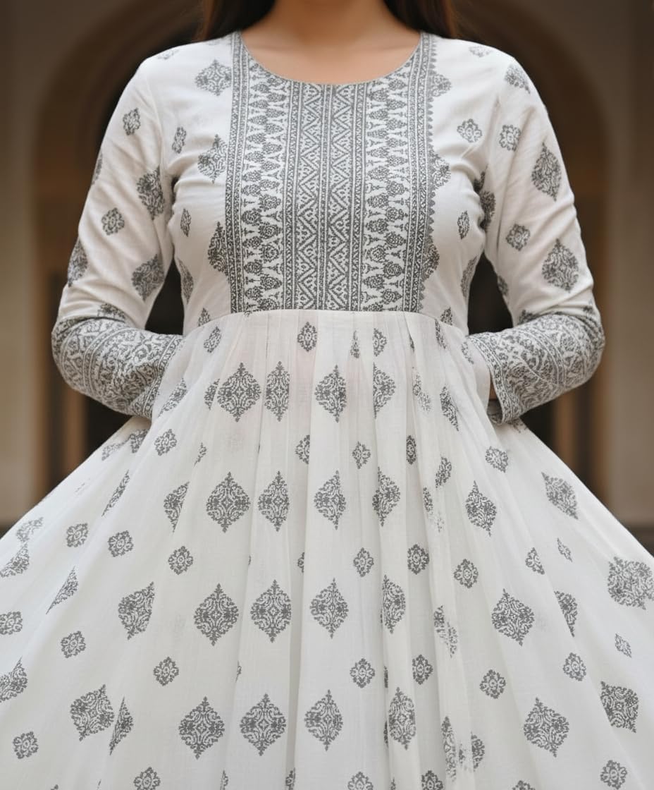 Women Anarkali Kurti, White with Grey Block Print, Flared Maxi Dress, Round Neck, 3/4 Sleeves