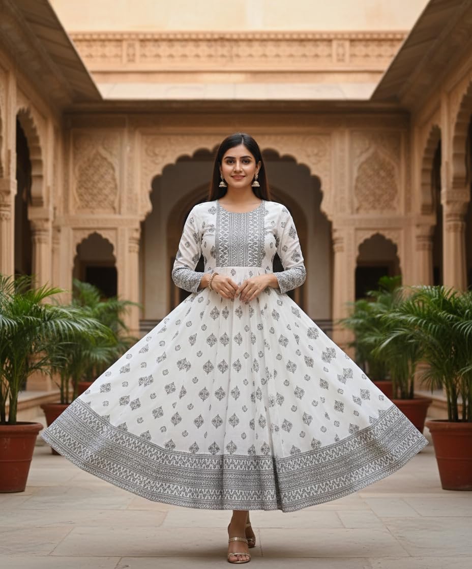 Women Anarkali Kurti, White with Grey Block Print, Flared Maxi Dress, Round Neck, 3/4 Sleeves