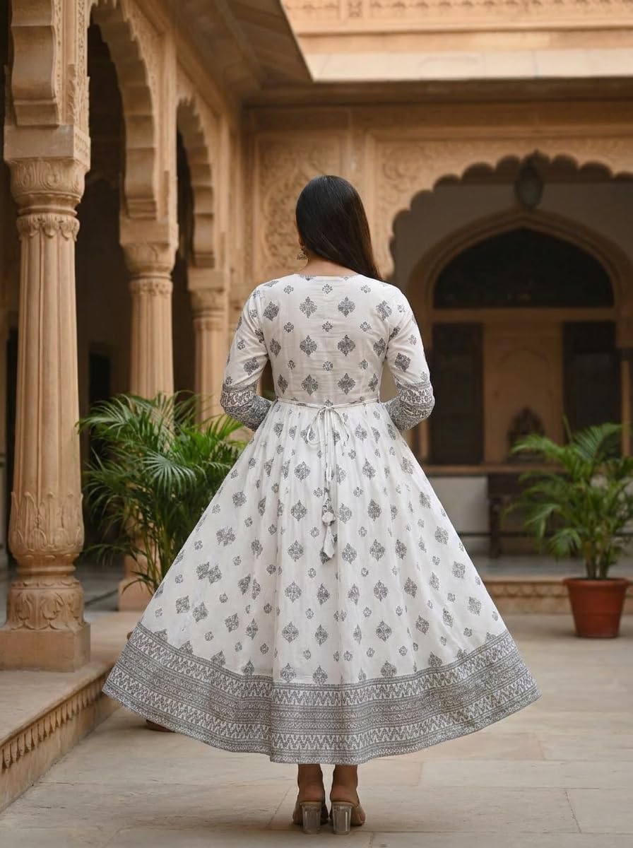 Women Anarkali Kurti, White with Grey Block Print, Flared Maxi Dress, Round Neck, 3/4 Sleeves