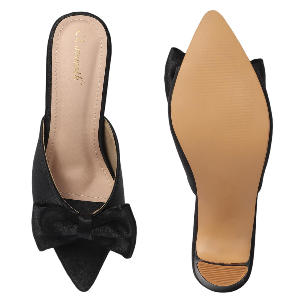 Women's Satin Block Heels with Stylish Bow | Open Toe Slip-On Party Sandals | Pink Dress Heels for Wedding & Casual Wear