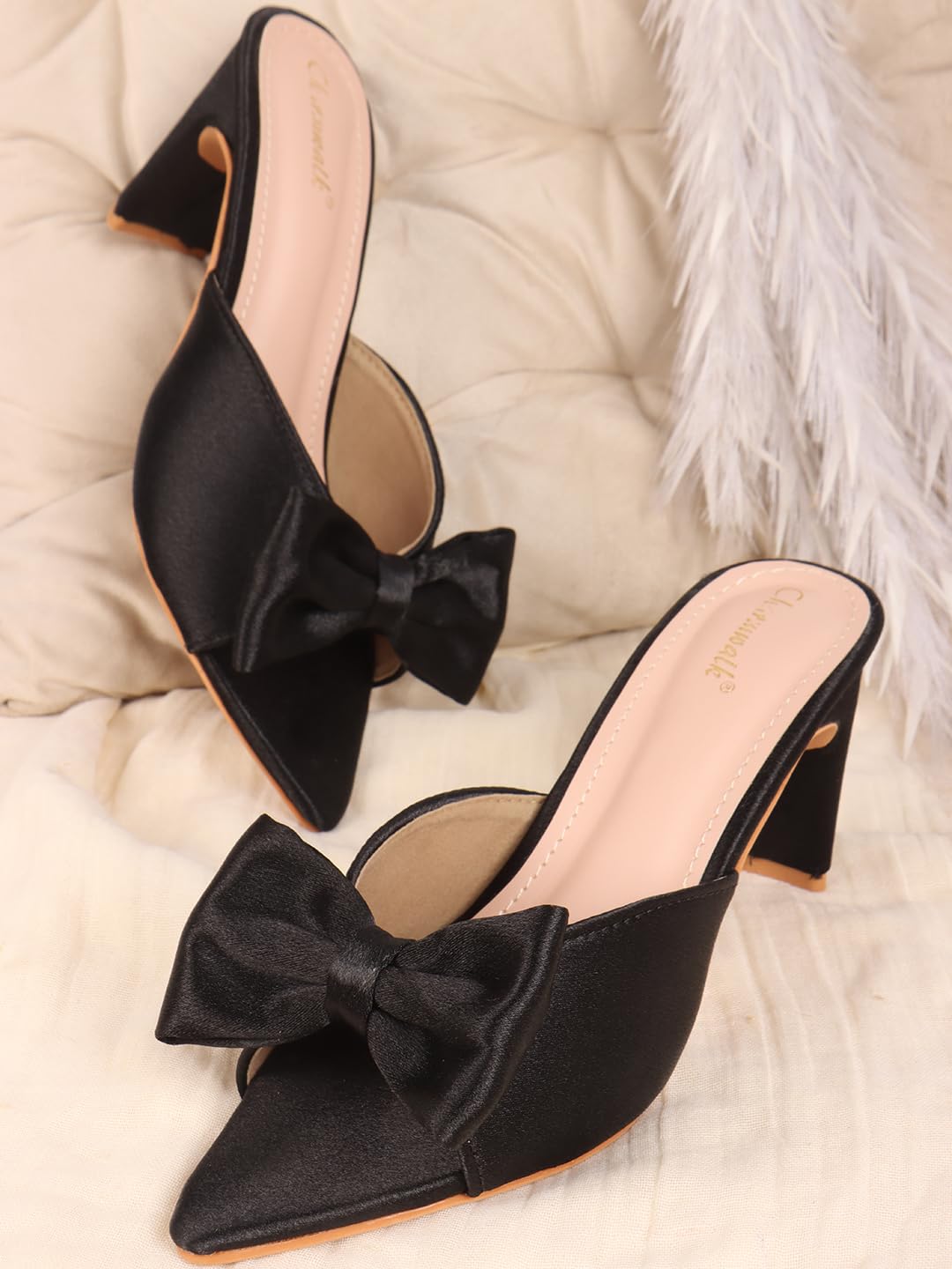 Women's Satin Block Heels with Stylish Bow | Open Toe Slip-On Party Sandals | Pink Dress Heels for Wedding & Casual Wear