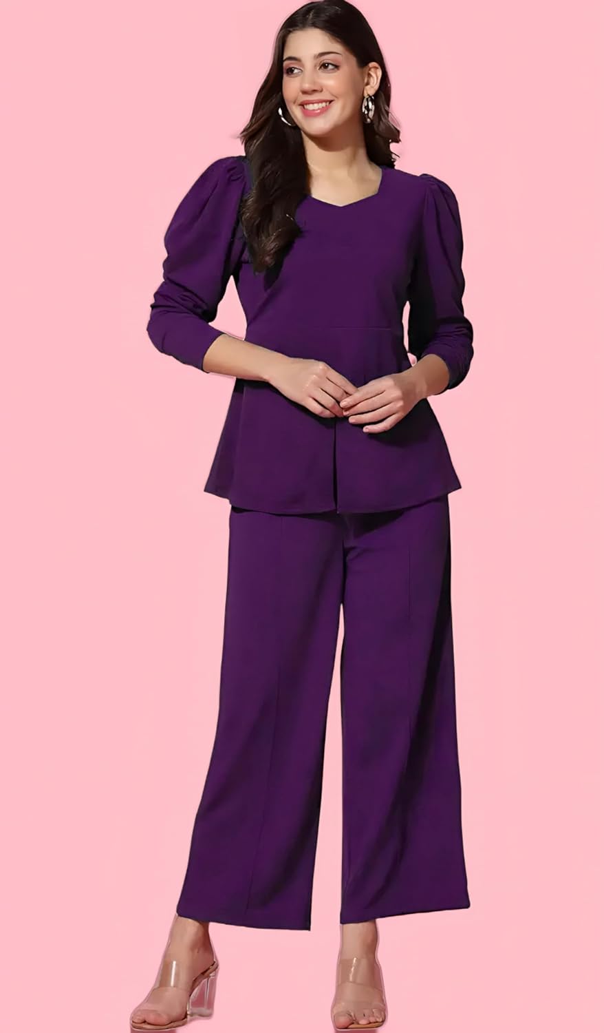 Solid Color Women’s Cord Set in Polyester with Cropped Shirt and Wide Trousers Look