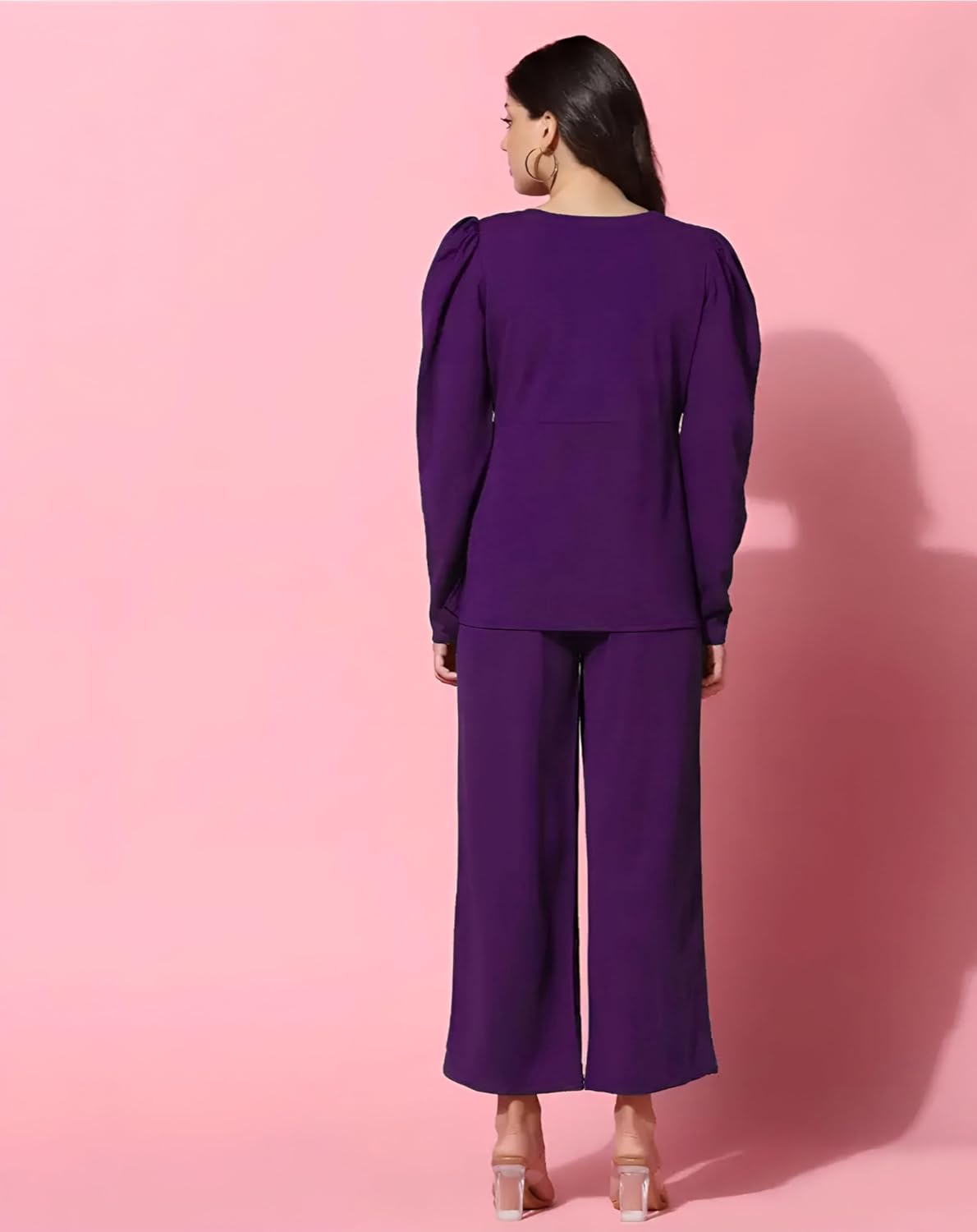 Solid Color Women’s Cord Set in Polyester with Cropped Shirt and Wide Trousers Look