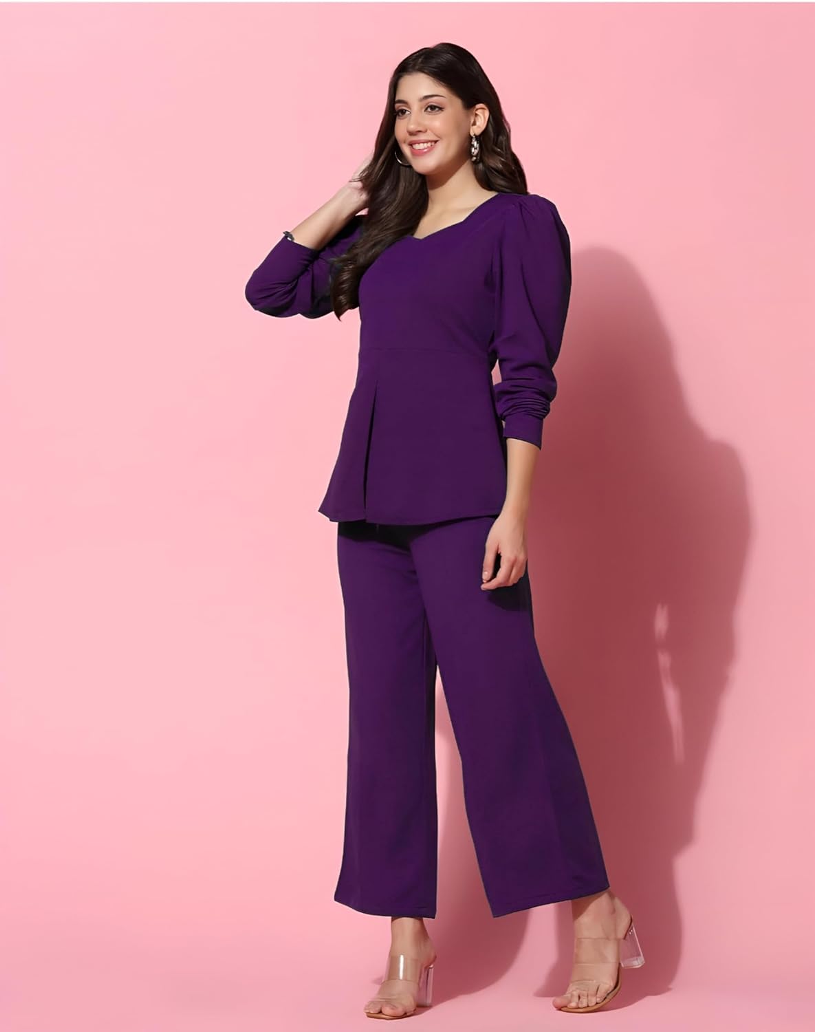 Solid Color Women’s Cord Set in Polyester with Cropped Shirt and Wide Trousers Look