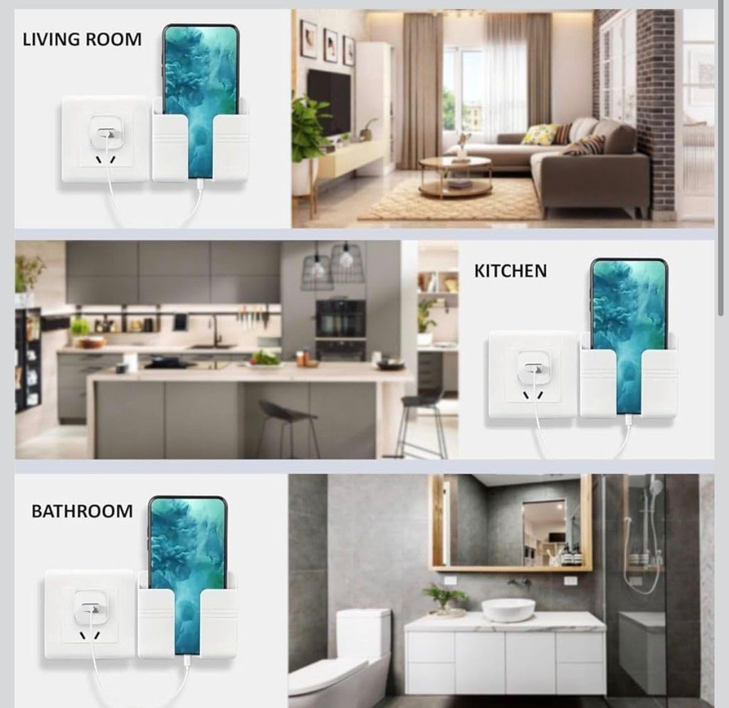 Wall Mounted Mobile Holder Storage Case 4 Pack Remote Organizer with Phone Charging Port (White)