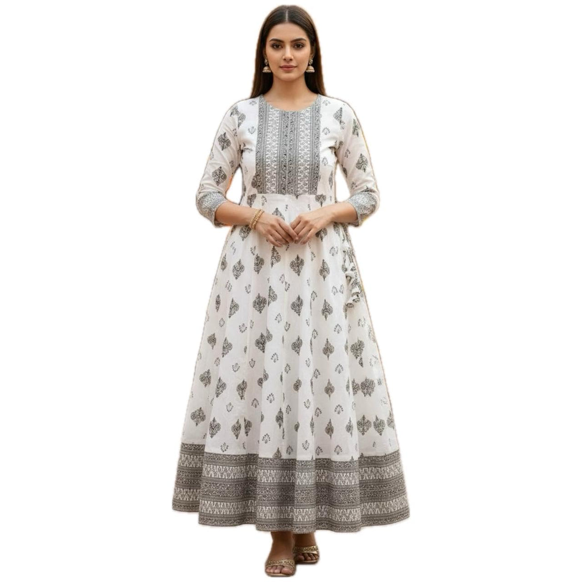 Women Anarkali Kurti, White with Grey Block Print, Flared Maxi Dress, Round Neck, 3/4 Sleeves