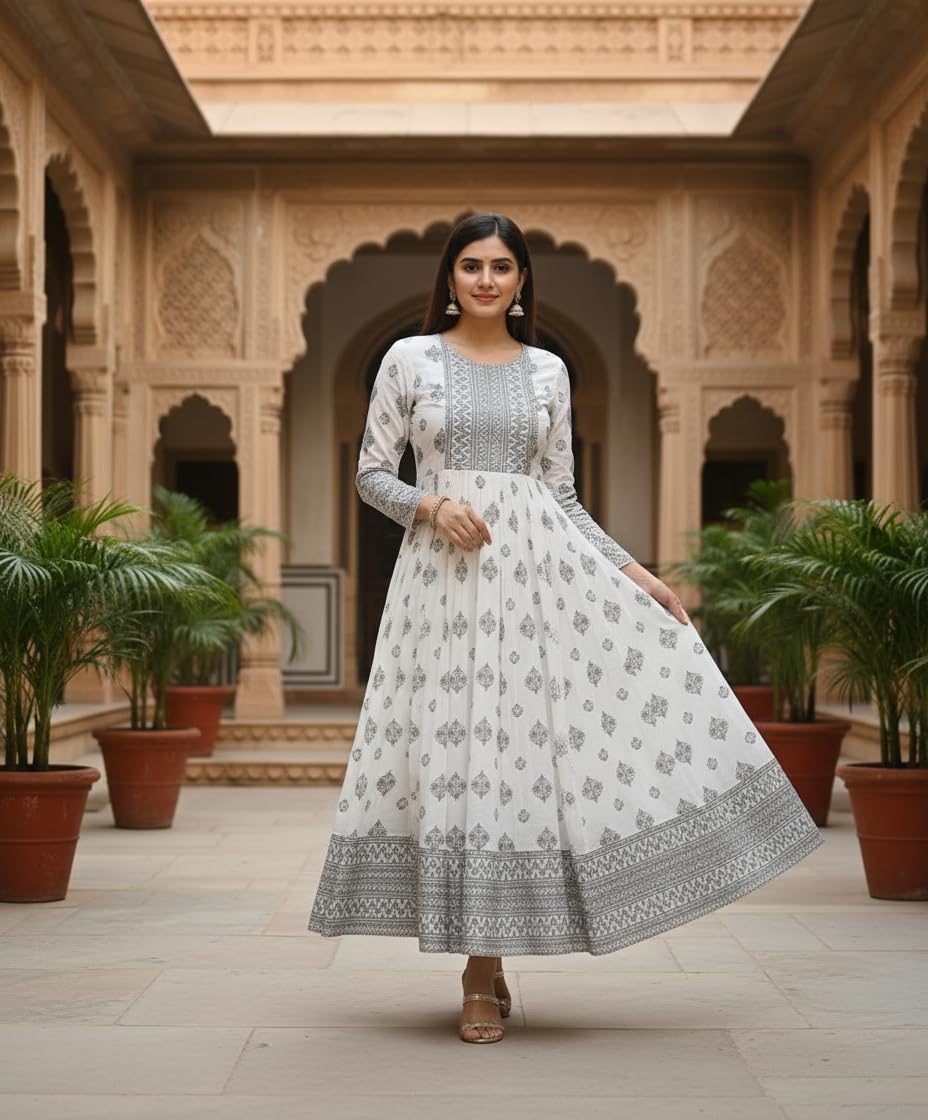 Women Anarkali Kurti, White with Grey Block Print, Flared Maxi Dress, Round Neck, 3/4 Sleeves