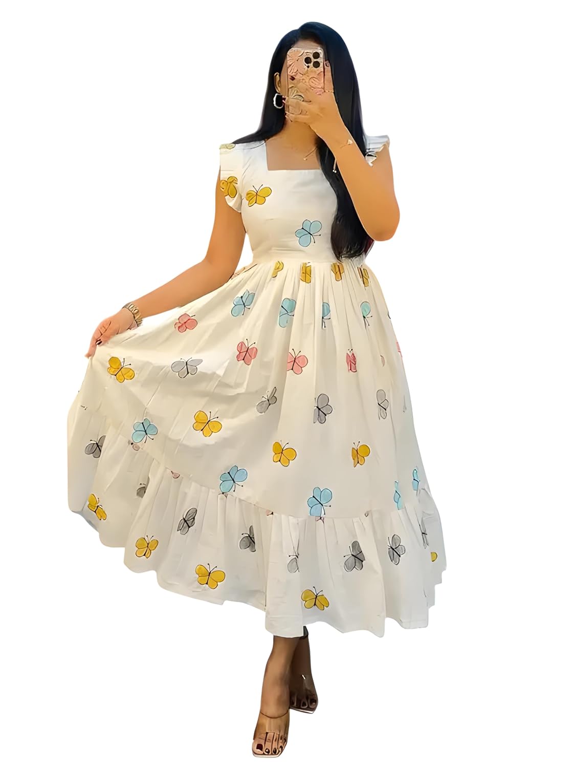 Floral Print Cotton Midi Dress Stylish Western Dress for Parties Multicolour Butterfly Print |Pleated Design with Cut Sleeves |Casual for Girls & Women