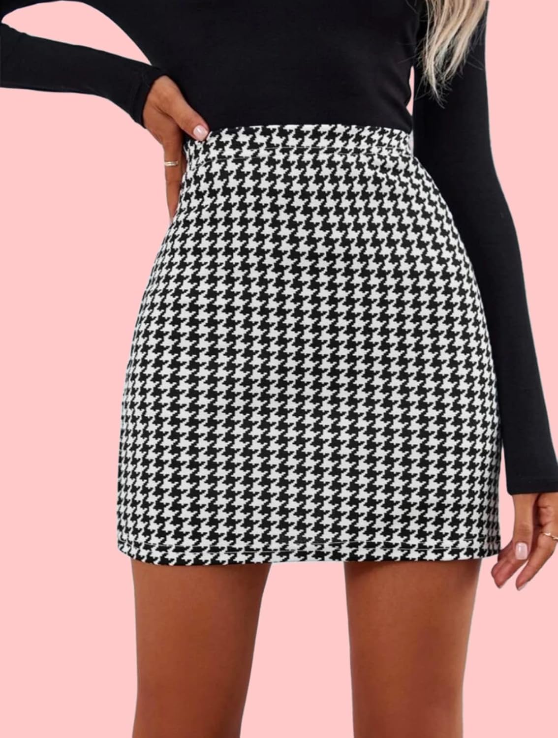 Fashion Women's Highwaist Short Mini Skirt Houndstooth Print Casual Bodycon Pencil Skirt with Elastic Rubber Band (17" inches) -Polo Skirt