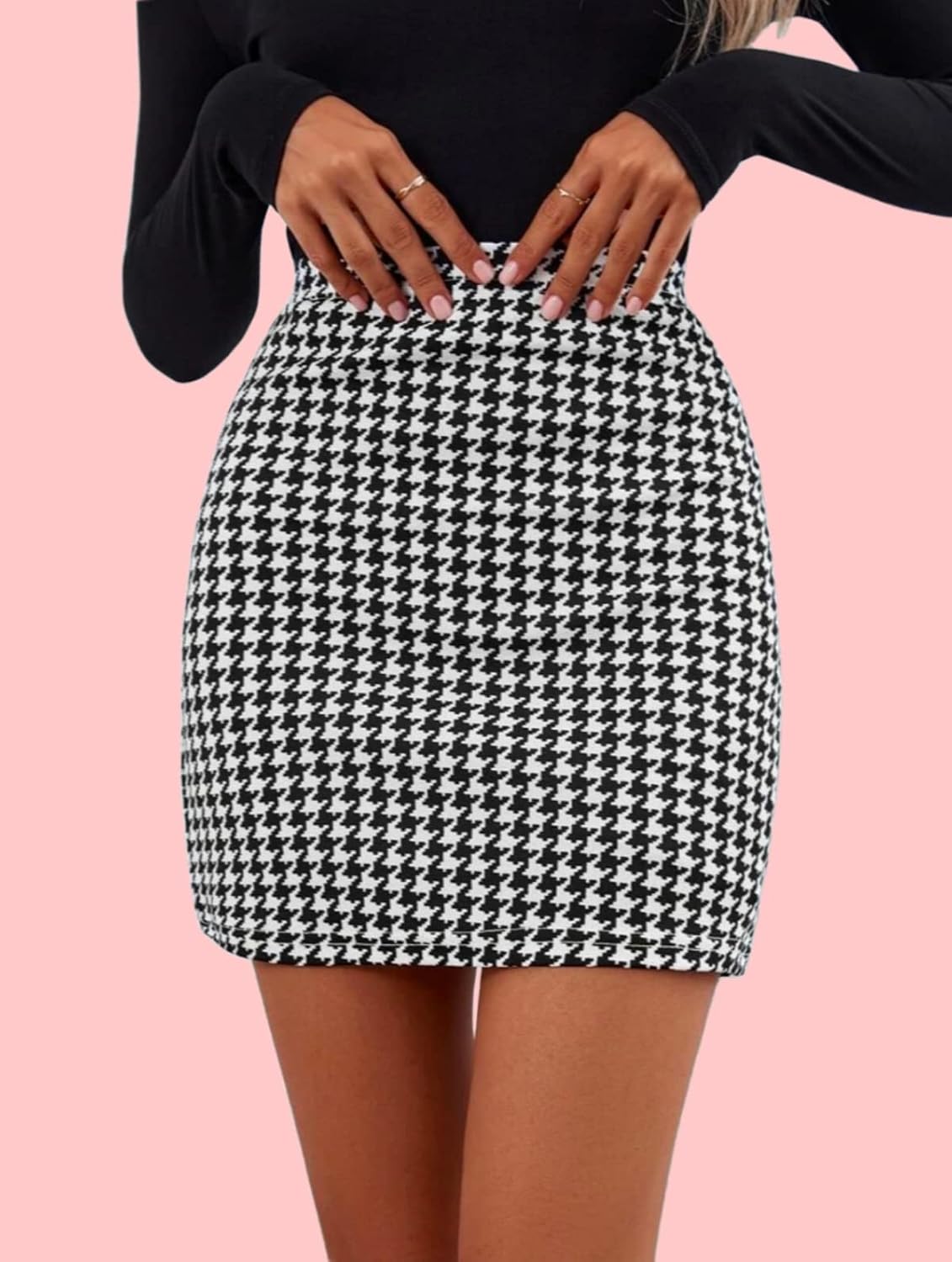 Fashion Women's Highwaist Short Mini Skirt Houndstooth Print Casual Bodycon Pencil Skirt with Elastic Rubber Band (17" inches) -Polo Skirt