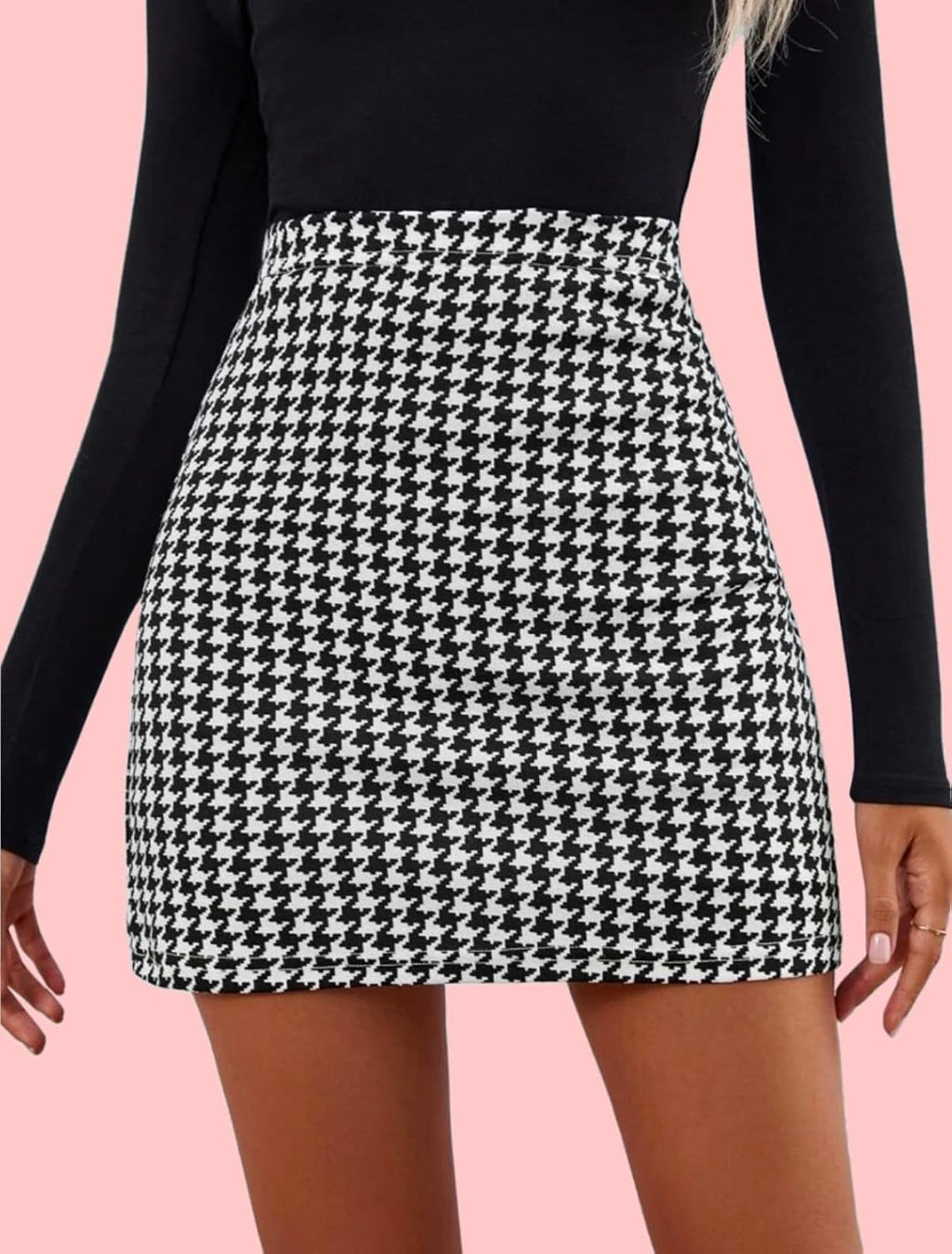 Fashion Women's Highwaist Short Mini Skirt Houndstooth Print Casual Bodycon Pencil Skirt with Elastic Rubber Band (17" inches) -Polo Skirt