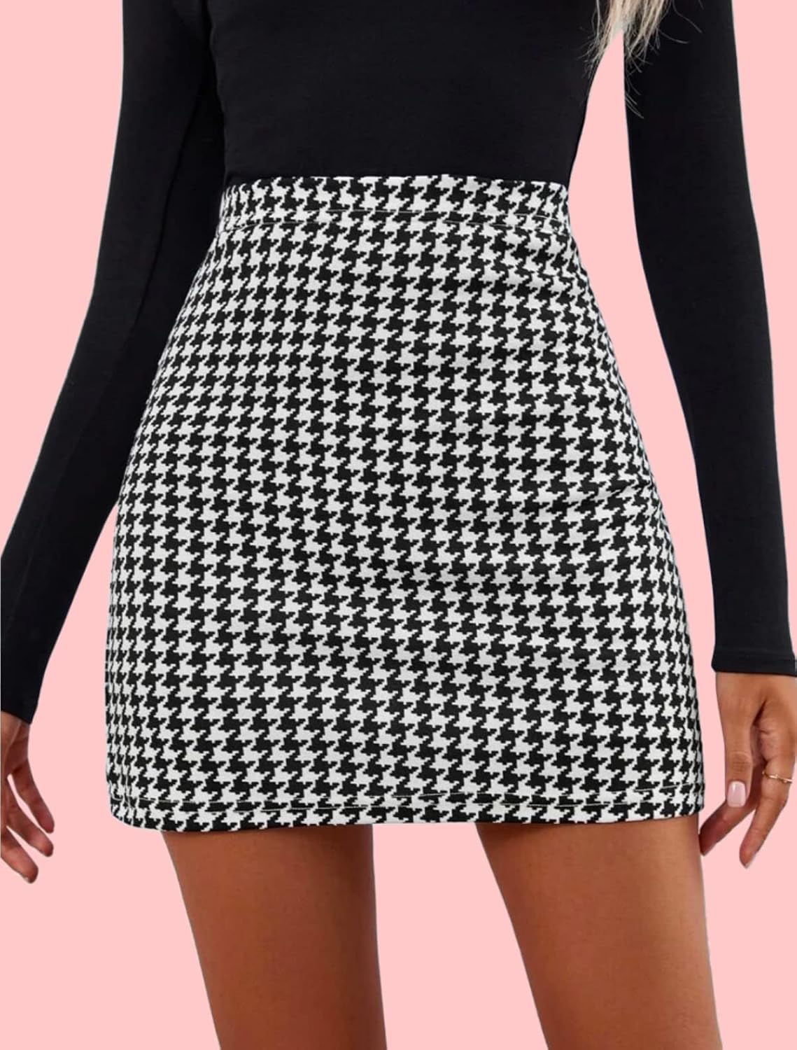 Fashion Women's Highwaist Short Mini Skirt Houndstooth Print Casual Bodycon Pencil Skirt with Elastic Rubber Band (17" inches) -Polo Skirt