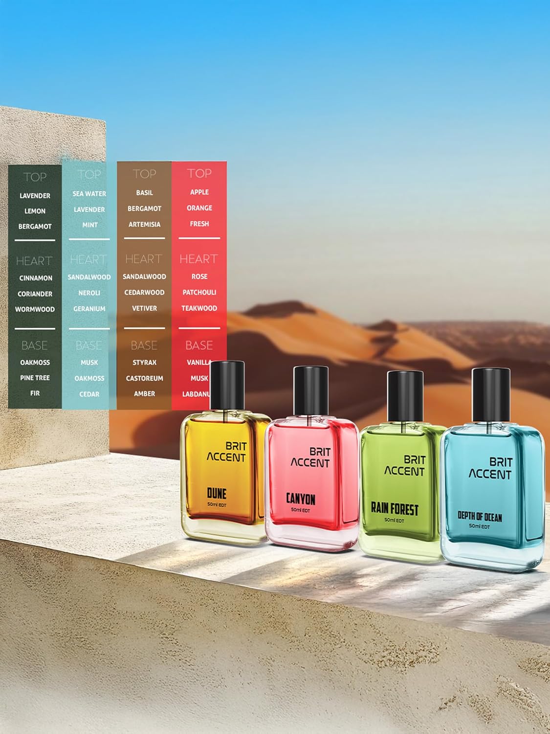 BRIT ACCENT Combo Pack Of 4|Depth Of Ocean-Dune-Canyon-RainForest|Parfum|Long-Lasting| Eau de Toilette - 200 ml