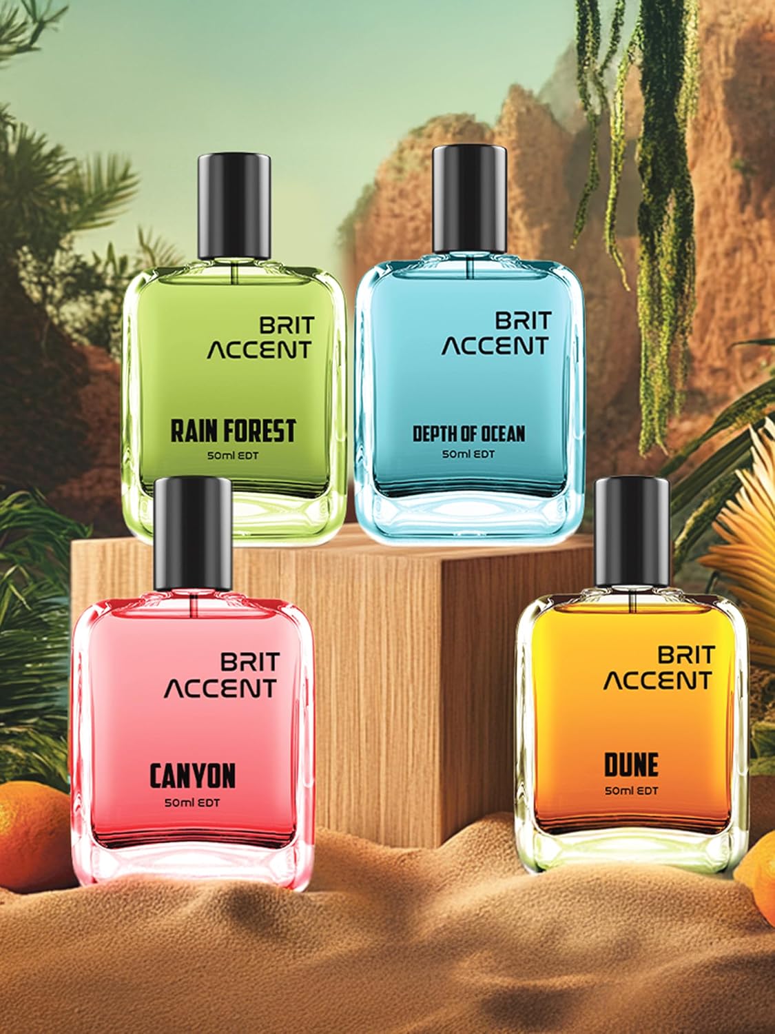 BRIT ACCENT Combo Pack Of 4|Depth Of Ocean-Dune-Canyon-RainForest|Parfum|Long-Lasting| Eau de Toilette - 200 ml