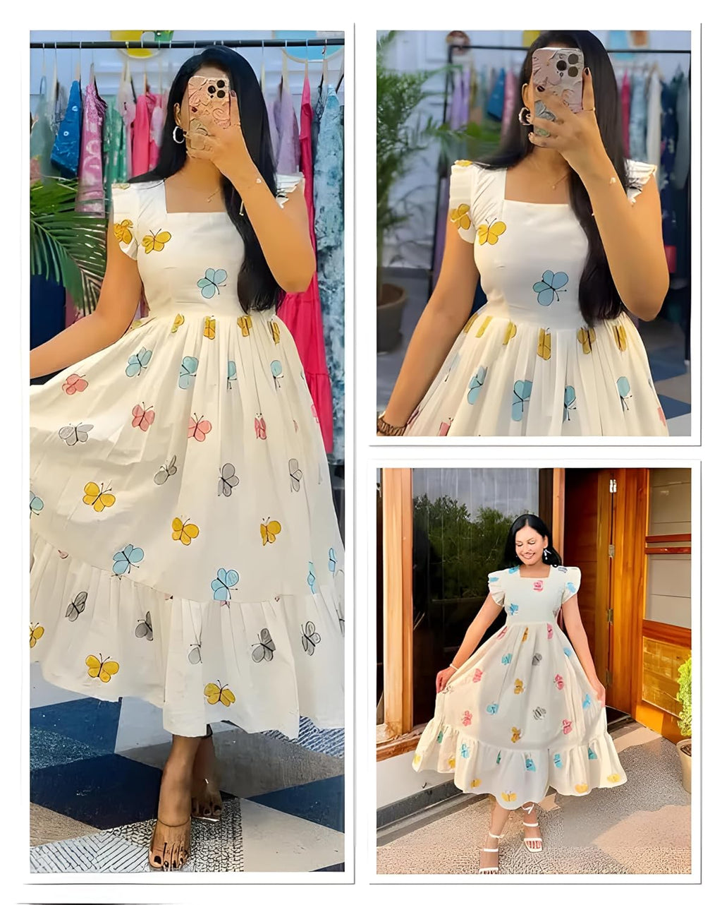 Floral Print Cotton Midi Dress Stylish Western Dress for Parties Multicolour Butterfly Print |Pleated Design with Cut Sleeves |Casual for Girls & Women