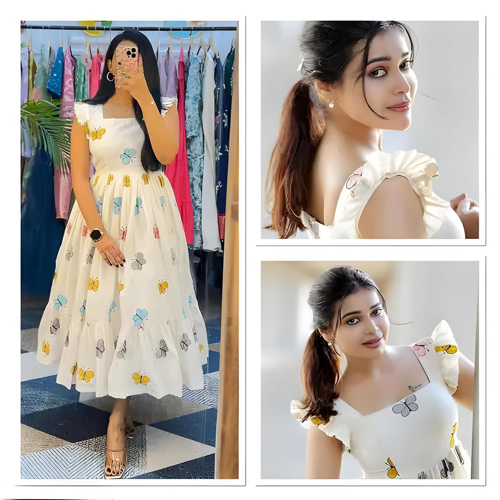 Floral Print Cotton Midi Dress Stylish Western Dress for Parties Multicolour Butterfly Print |Pleated Design with Cut Sleeves |Casual for Girls & Women