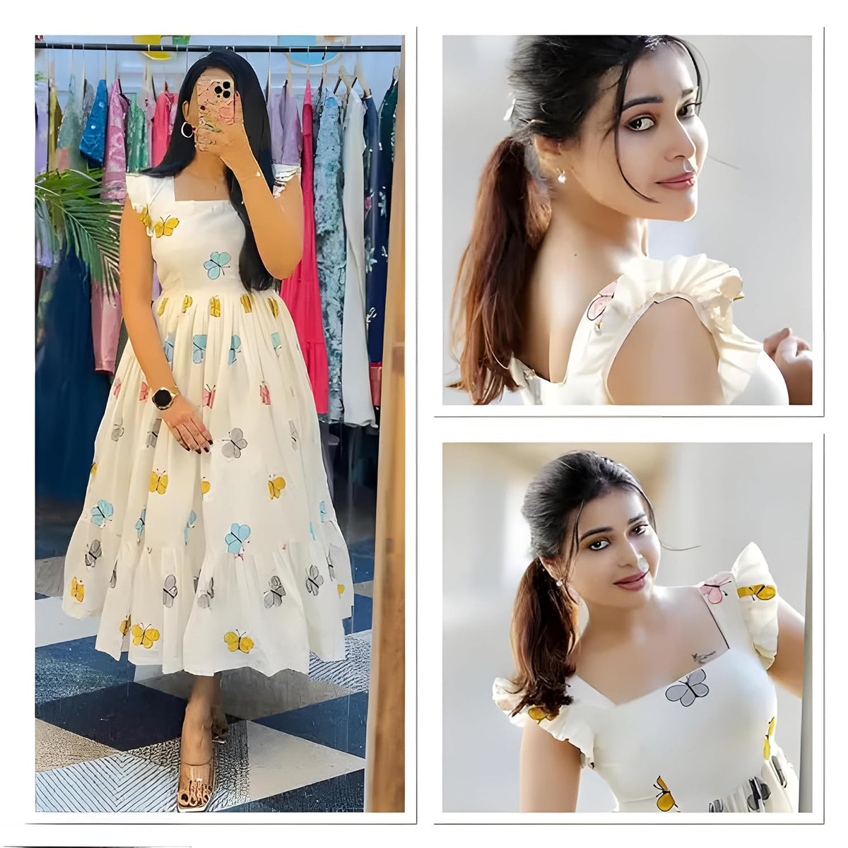 Floral Print Cotton Midi Dress Stylish Western Dress for Parties Multicolour Butterfly Print |Pleated Design with Cut Sleeves |Casual for Girls & Women