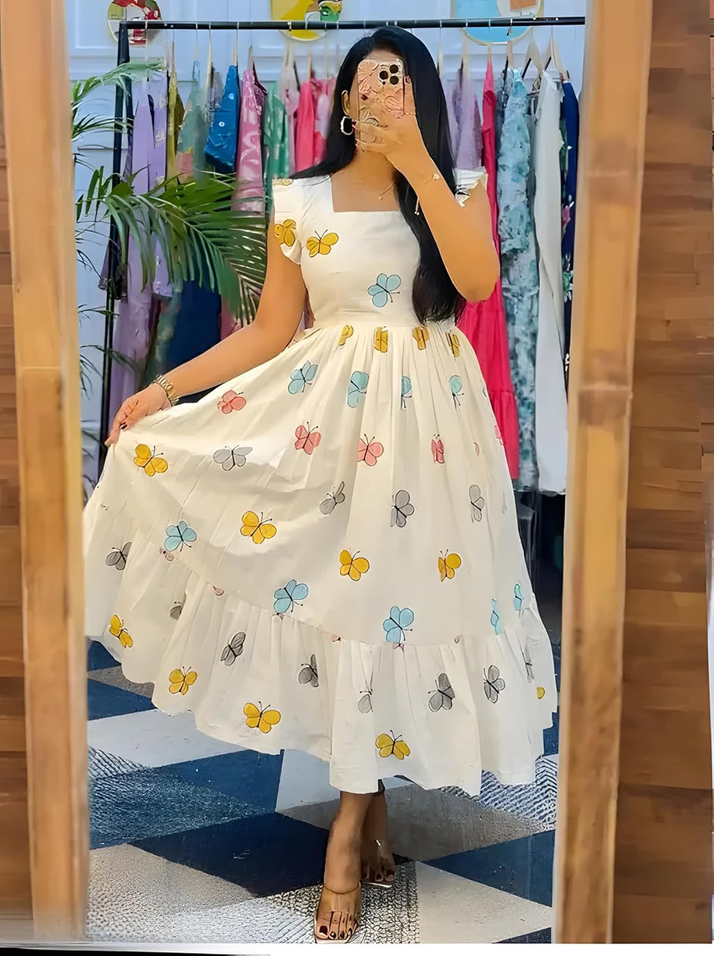 Floral Print Cotton Midi Dress Stylish Western Dress for Parties Multicolour Butterfly Print |Pleated Design with Cut Sleeves |Casual for Girls & Women