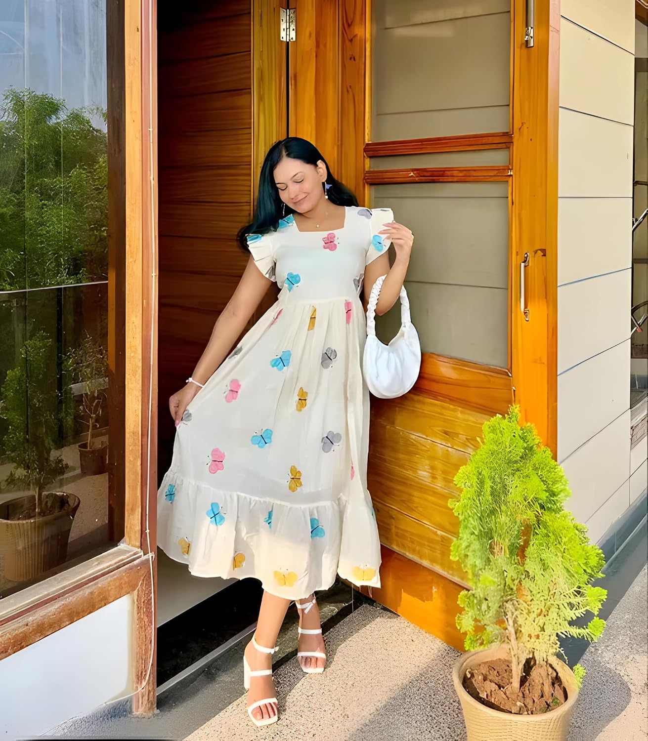 Floral Print Cotton Midi Dress Stylish Western Dress for Parties Multicolour Butterfly Print |Pleated Design with Cut Sleeves |Casual for Girls & Women