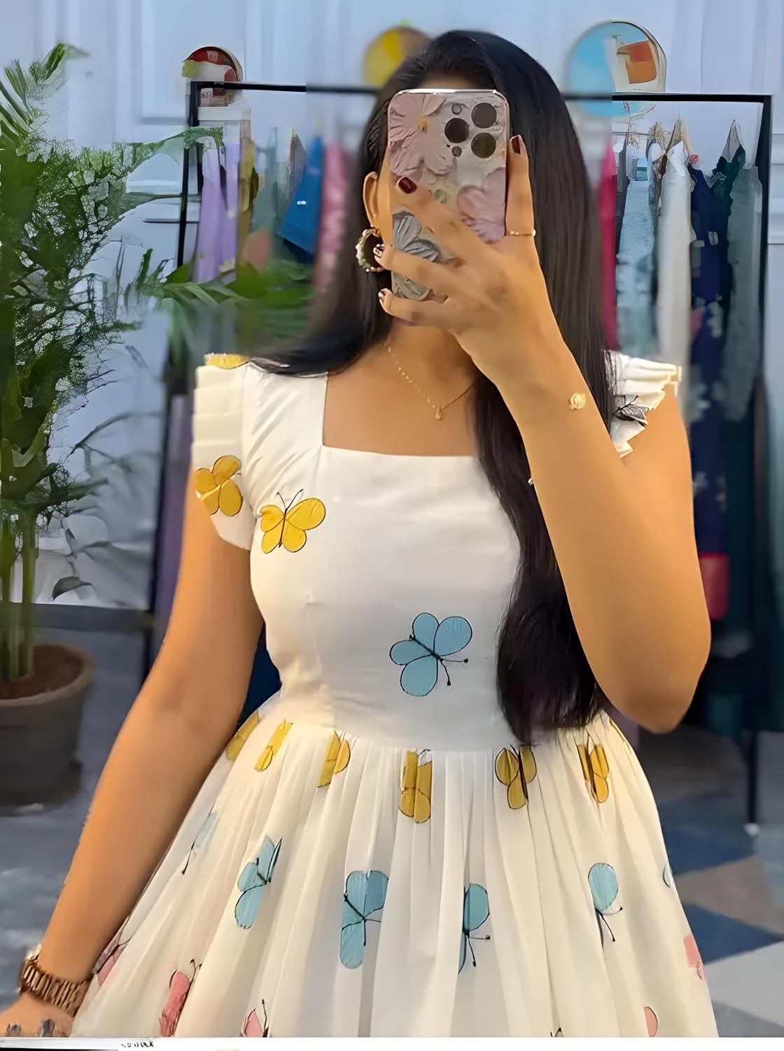 Floral Print Cotton Midi Dress Stylish Western Dress for Parties Multicolour Butterfly Print |Pleated Design with Cut Sleeves |Casual for Girls & Women