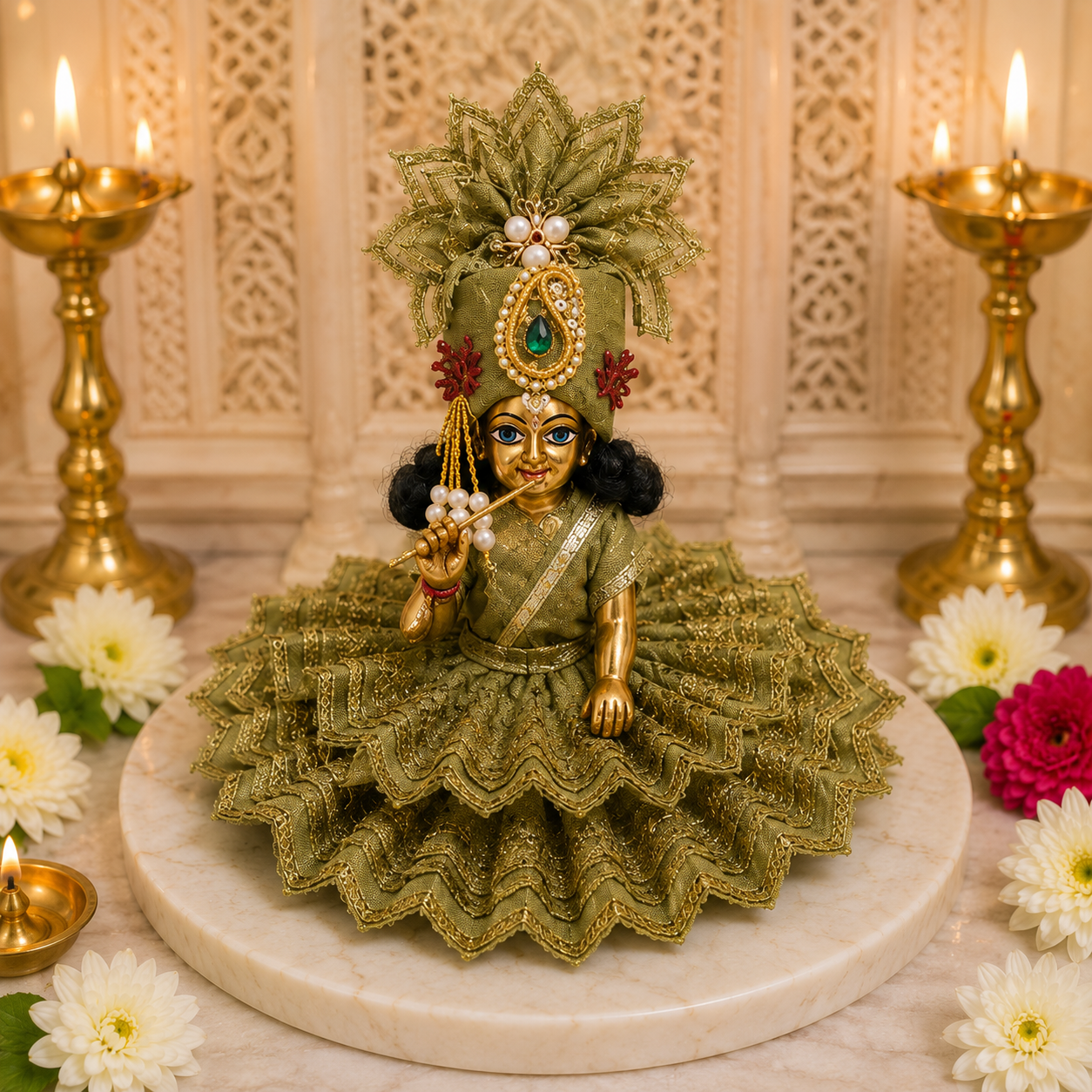 Premium Mehendi Green Designer Laddu Gopal Dress with Royal Mukut, Size 1